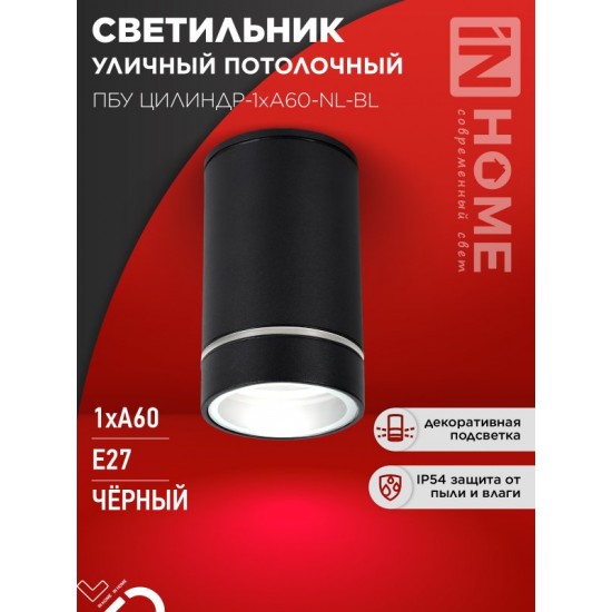 Купить оптом Светильник уличный потолочный ПБУ ЦИЛИНДР-1xА60-NL-BL с подсветкой черный IP54 IN HOME в Беларуси